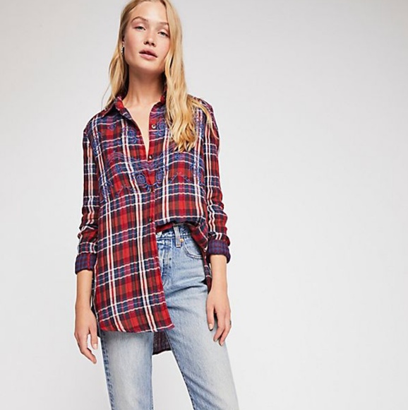 Free People Tops - Free People Magical Plaid Embroidered Top